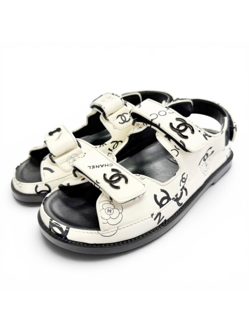 Chanel CC Logo Camellia Velcro Flat Leather Sandals White Black